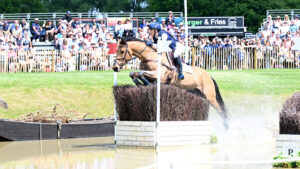 Yasmin Ingham and Rehy DJ on the cross-country at Badminton Horse Trials. They are among the withdrawals