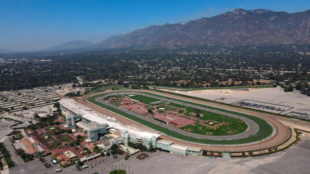 An arial view of Santa Anita Park racetrack, which will be the venue for the equestrian events at the LA28 Olympics.