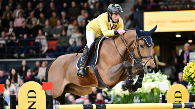 Brazil's Yuri Mansur on Miss Blue-Saint Blue Farm during the World Cup jumping at the Gothenburg Horse Show in Scandinavium in Gothenburg, Sweden.