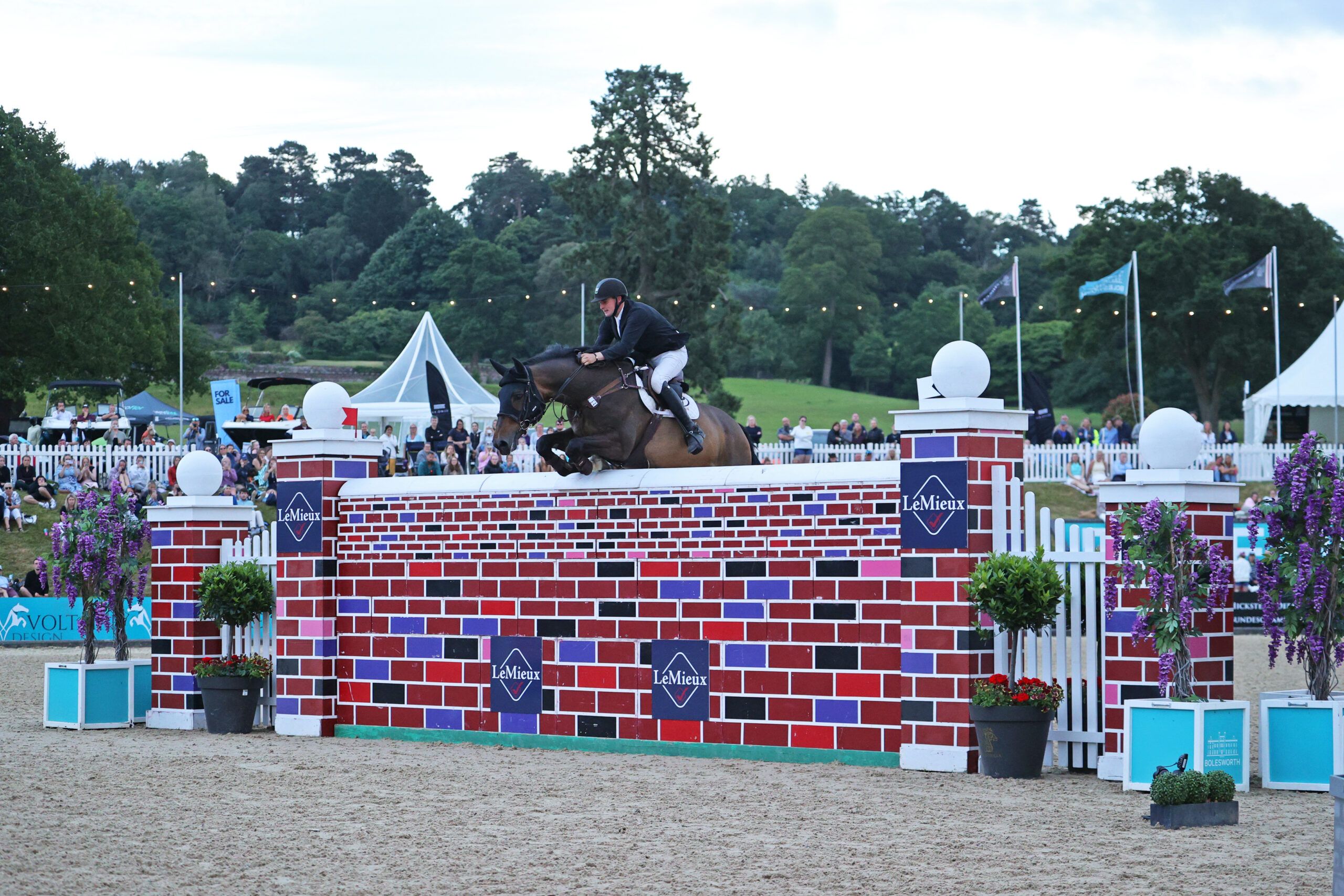 Brendan Murphy riding Hugh Fitzpatrick's Erne Riverrun share top spot in the Bolesworth puissance on Saturday night.