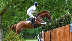 Harry Meade and Jet Fighter clear a brush wedge with an open ditch in front at Bramham Horse Trials 2025.