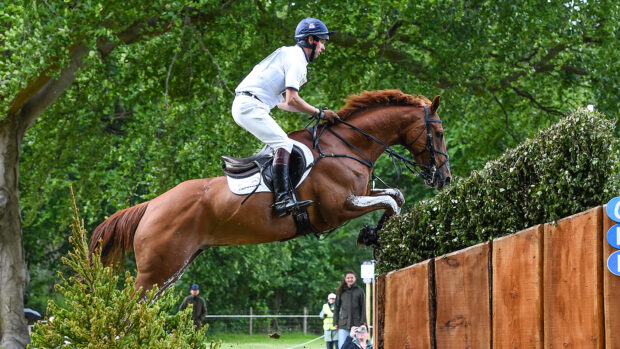 Harry Meade and Jet Fighter clear a brush wedge with an open ditch in front at Bramham Horse Trials 2025.