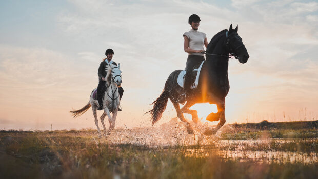 Two riders enjoying a canter against the sun set