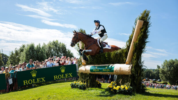 Will Coleman and Off The Record jump a hanging log with brush at CHIO Aachen 2025.