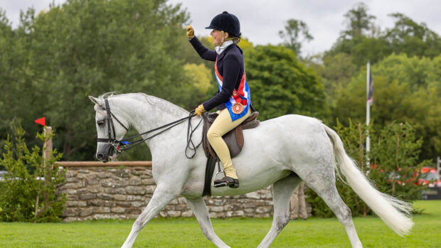Samantha Taylor waves her hand as Waxwing Perlina shows off her delightful trot in Hickstead’s international arena at the Agria Royal International Horse Show.