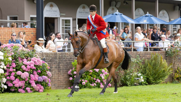 Sam Walker and champion hunter Flash Point canter alongside the members in the international arena at the Agria Royal International Horse Show