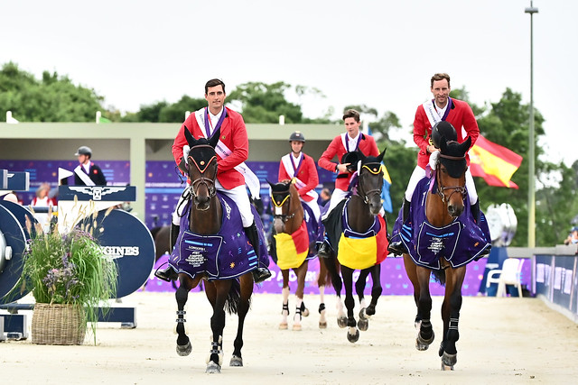 The Belgium team win gold at the European Showjumping Championships in Spain.