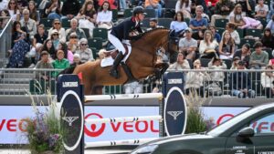 Ben Maher and Dallas Vegas Batilly in action at the Longines FEI European Showjumping Championships in Spain.