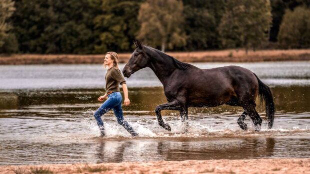 Horse liberty exercises with Yvet Blokesch of Featherlight Academy, horse running through water.