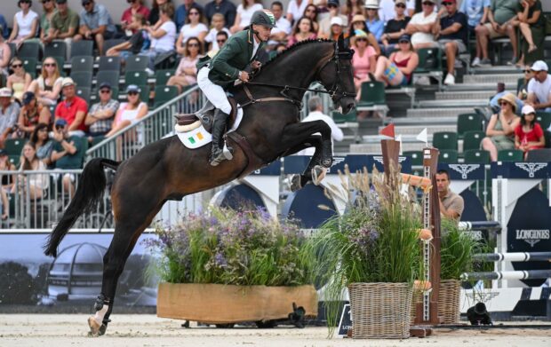 Denis Lynch and Vistogrand competing for Ireland at the 2025 European Showjumping Championships in Spain.