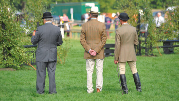 Two working hunter judges plus a steward pictured from behind.