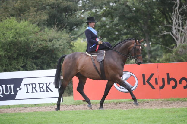 Charlotte Clarke and Harbour Master trot out of the ring victorious having landed the ladies hunter championship at the 2025 Royal International Horse Show