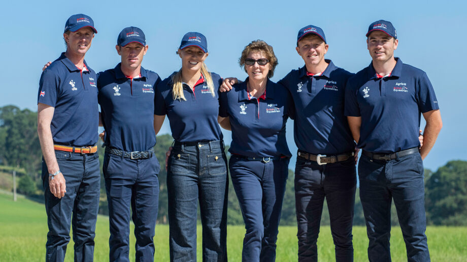 The British Equestrian Jumping Team (L-R) Ben MAHER, Scott BRASH, Jessica MENDOZA, chef d'equipe Di LAMPARD, Matt SAMPSON and Donald WHITAKER at the Longines FEI Jumping European Championship 2025 - Casas Novas, A Coruña, Galicia, Spain - 15 July 2025
