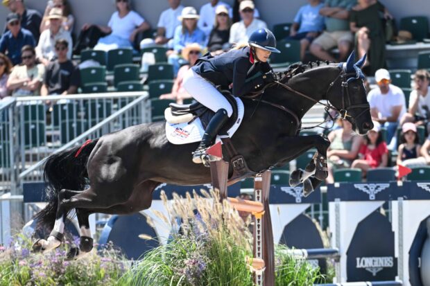 Jessica Mendoza and the syndicate-owned mare In The Air jump clear on day two of the European Showjumping Championships in Spain.