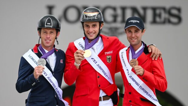 Pictured: Scott Brash, Richard Vogel and Gilles Thomas on the podium at the European Showjumping Championships.