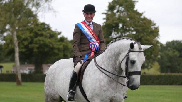 Charming grey Irish Draught Blarney Quercus and Charles Le Moignon smile for a photo in their championship sash having won the ridden Irish Draught title at the 2025 Royal International