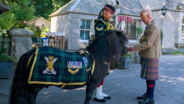 3CEHGX4 King Charles III meets Shetland pony Cpl Cruachan IV (mascot of the Royal Regiment of Scotland) during an inspection of the Balaklava Company, 5th Battalion, The Royal Regiment of Scotland, at the gates of Balmoral, as he takes up summer residence at the castle. Picture date: Monday August 18, 2025.