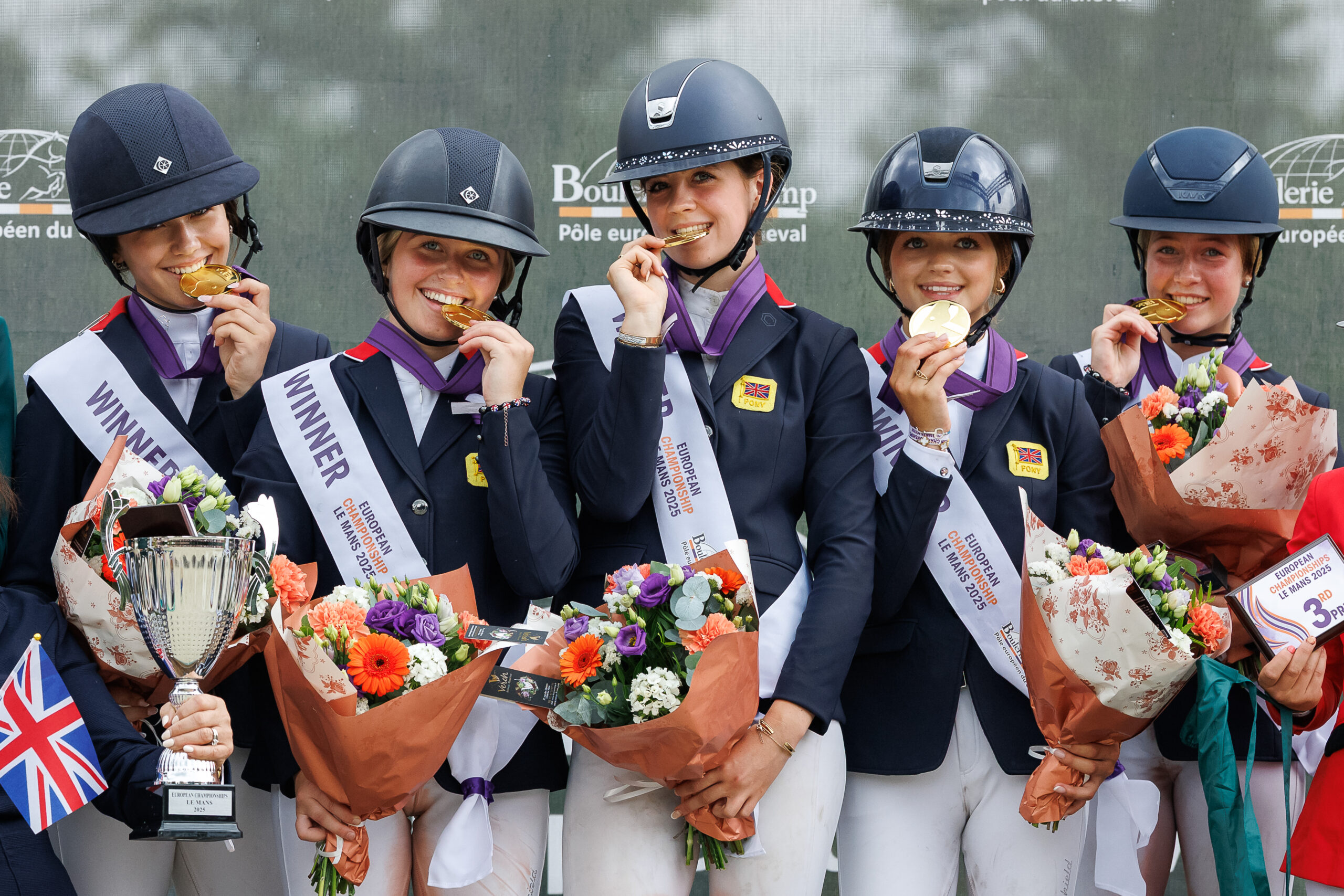 Great Britain's showjumping team wins gold at the pony European showjumping championships in Le Mans, France.