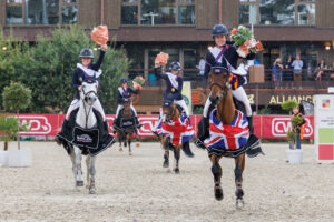 The gold medal-winning British team at the pony European showjumping championships in Le Mans, France.