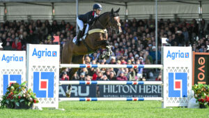 Laura Collett and London 52 clear an upright fence with Agria-sponsored wings in front of the Blenheim Europeans crowds.