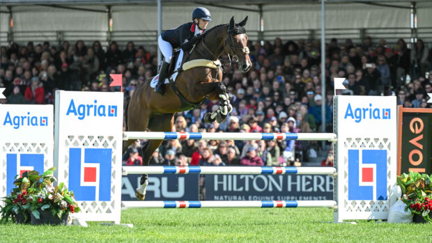 Laura Collett and London 52 clear an upright fence with Agria-sponsored wings in front of the Blenheim Europeans crowds.