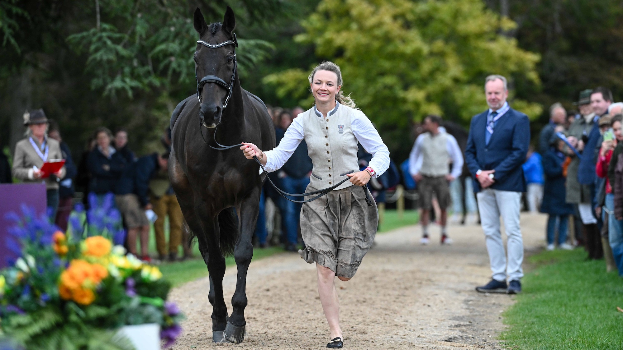 Lea Siegl and Van Helsing P, winners of the Hiho best dressed during the 1st Horse Inspection for the Agria FEI Eventing European Championship, Blenheim Palace. Held in the grounds of Blenheim Palace near Woodstock in Oxfordshire in the UK between 18th - 21st September 2025