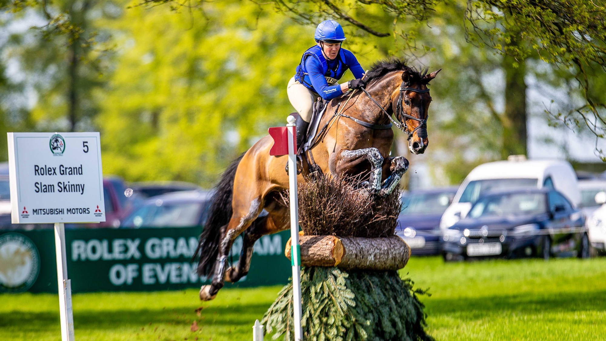 Horse rider jumping skinny fence at Badminton