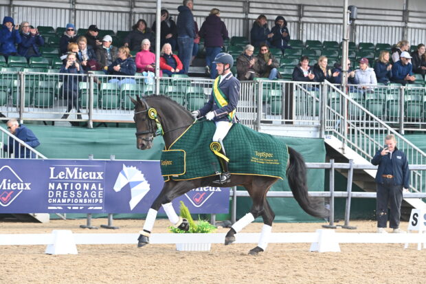 Robert Barker and Kilian’s Bartholomew win the TopSpec medium gold title at the 2025 LeMieux National Dressage Championships.