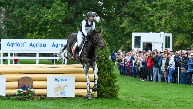 Swiss rider Nadja Mindar and her horse Toblerone jump a light coloured fence towards the camera with the crowds lining the edge of the course behind her.