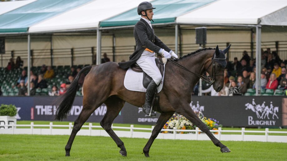 Tom Strawson and Public Address in the dressage at the 2025 Defender Burghley Horse Trials