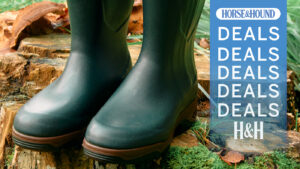Close up of green Aigle wellies with H&H deals graphic overlay