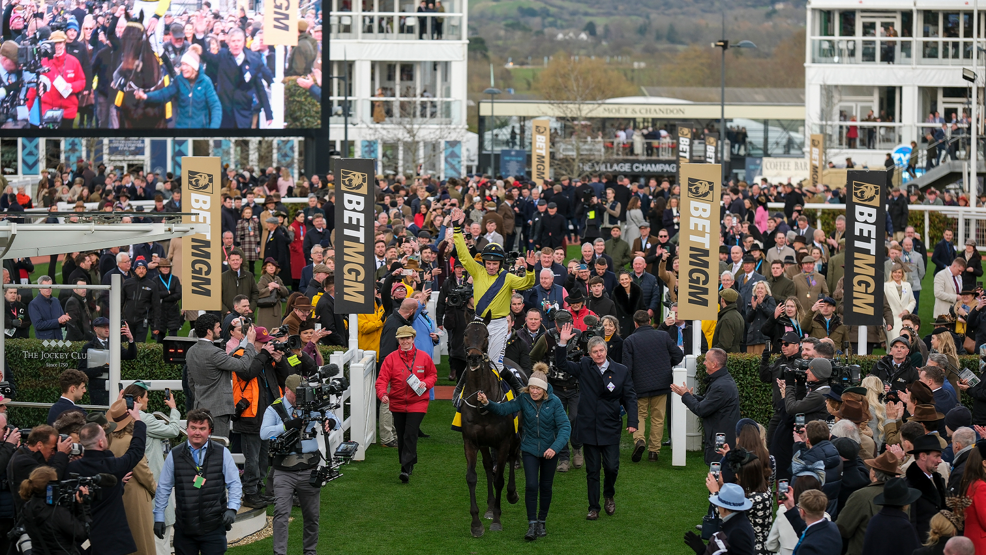 Sean Flanagan riding Marine Nationale return to the winners enclosure after winningThe BetMGM Queen Mother Champion Chase during Day Two of the 2025 Cheltenham Festival