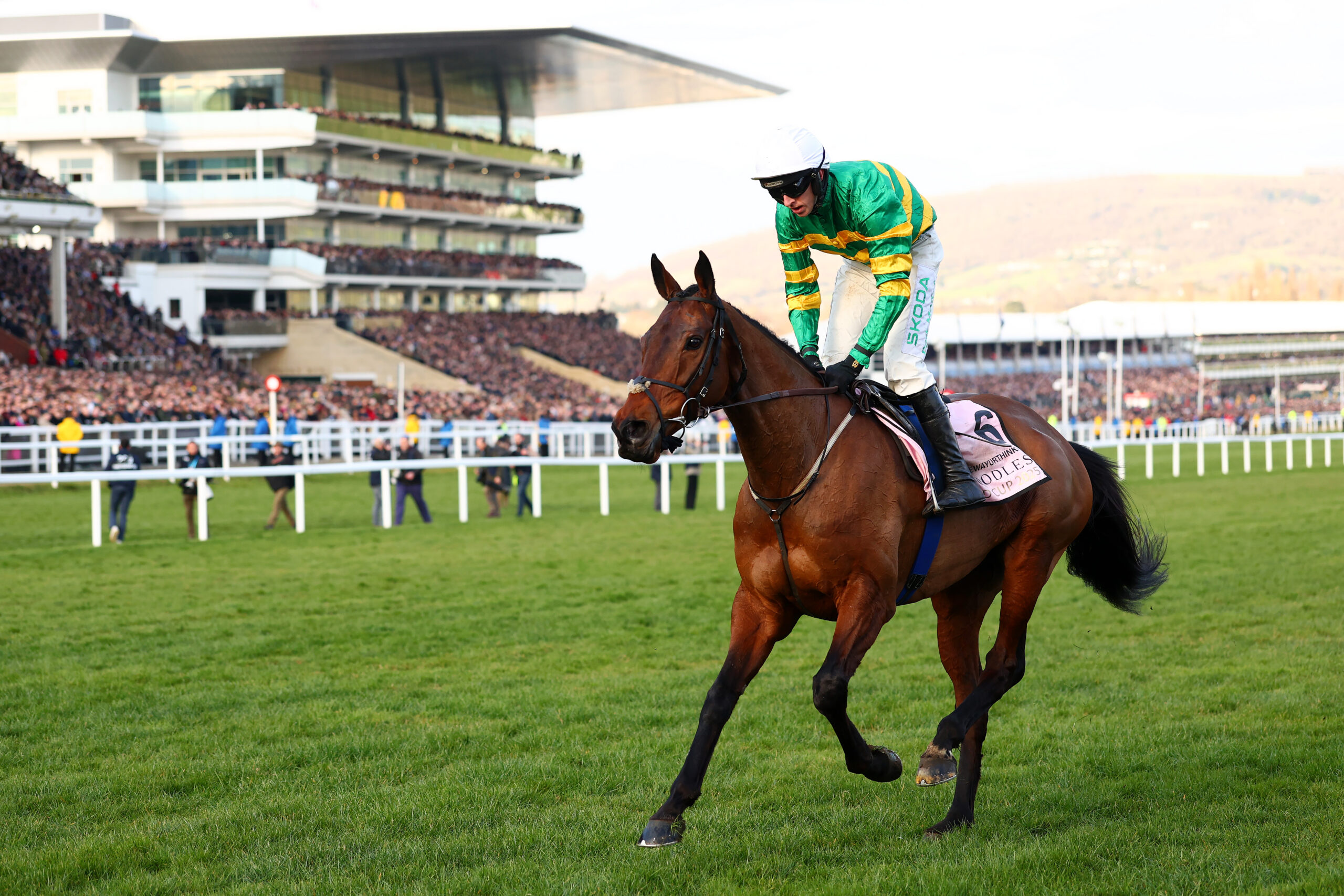 Mark Walsh riding Inothewayurthinkin celebrates winning the Boodles Cheltenham Gold Cup Chase during Day Four of the 2025 Cheltenham Festival