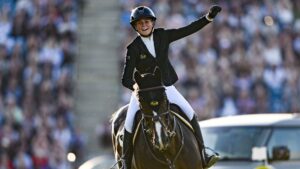 Dublin , Ireland - 9 August 2025; Rachel Proudley of Great Britain after winning the Defender Puissance on Easy Boy de Laubry Z during the Dublin Horse Show at the RDS Arena in Dublin. (Photo By Shauna Clinton/Sportsfile via Getty Images)