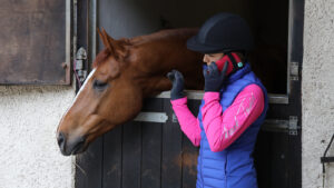 Rider on phone outside horse’s stable