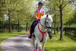 Woman riding grey horse, both wearing hi-vis. Rider wearing orange and pink tabard, horse wearing hi-vis breastplate and exercise sheet