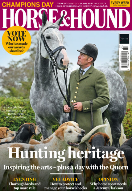 Cover of Horse & Hound Magazine hunting special, featuring a man holding a grey hunter with hounds in the foreground