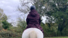 Rider wears LeMieux All Elements robe on horse, viewed from the back