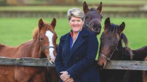 Clare Balding with three young horses