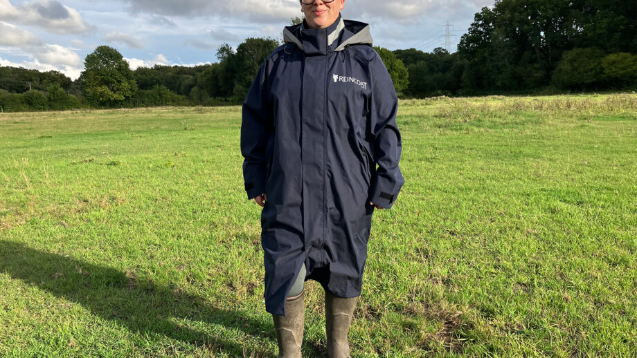 Lady wears Reincoat Lite, viewed from the front