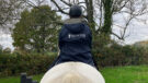 Rider wears Reincoat Lite on horse, viewed from the back