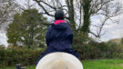 Rider wears Rydale Utility Changing Robe on a horse, viewed from the back