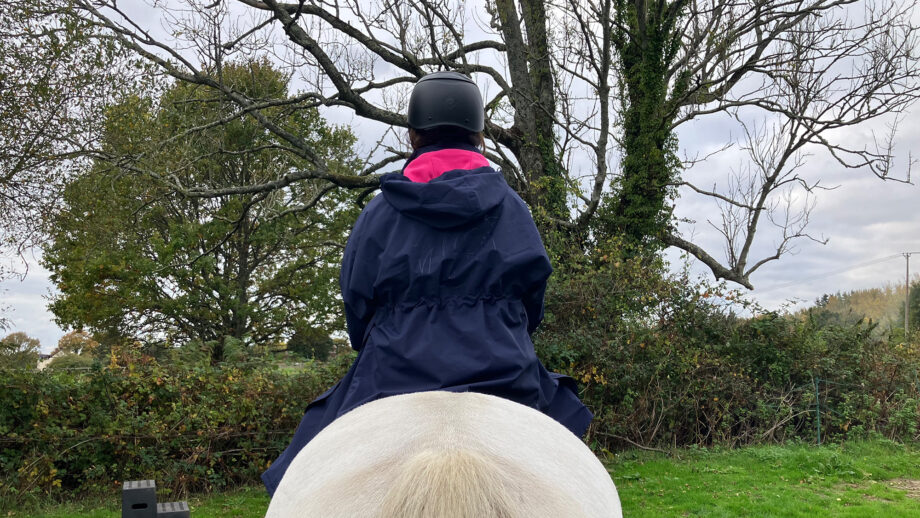 Rider wears Rydale Utility Changing Robe on a horse, viewed from the back