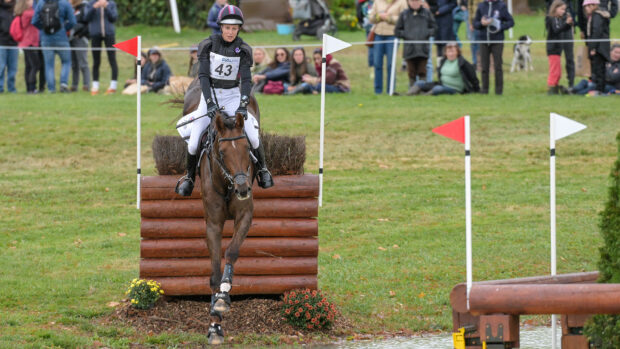 Sarah Bullimore and Corimiro jump a brush topped skinny fence into water at Pau five-star horse trials.