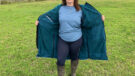 Lady wearing Two Bare Feet Hi-Vis Lightweight Riding Robe upzipped showing lining