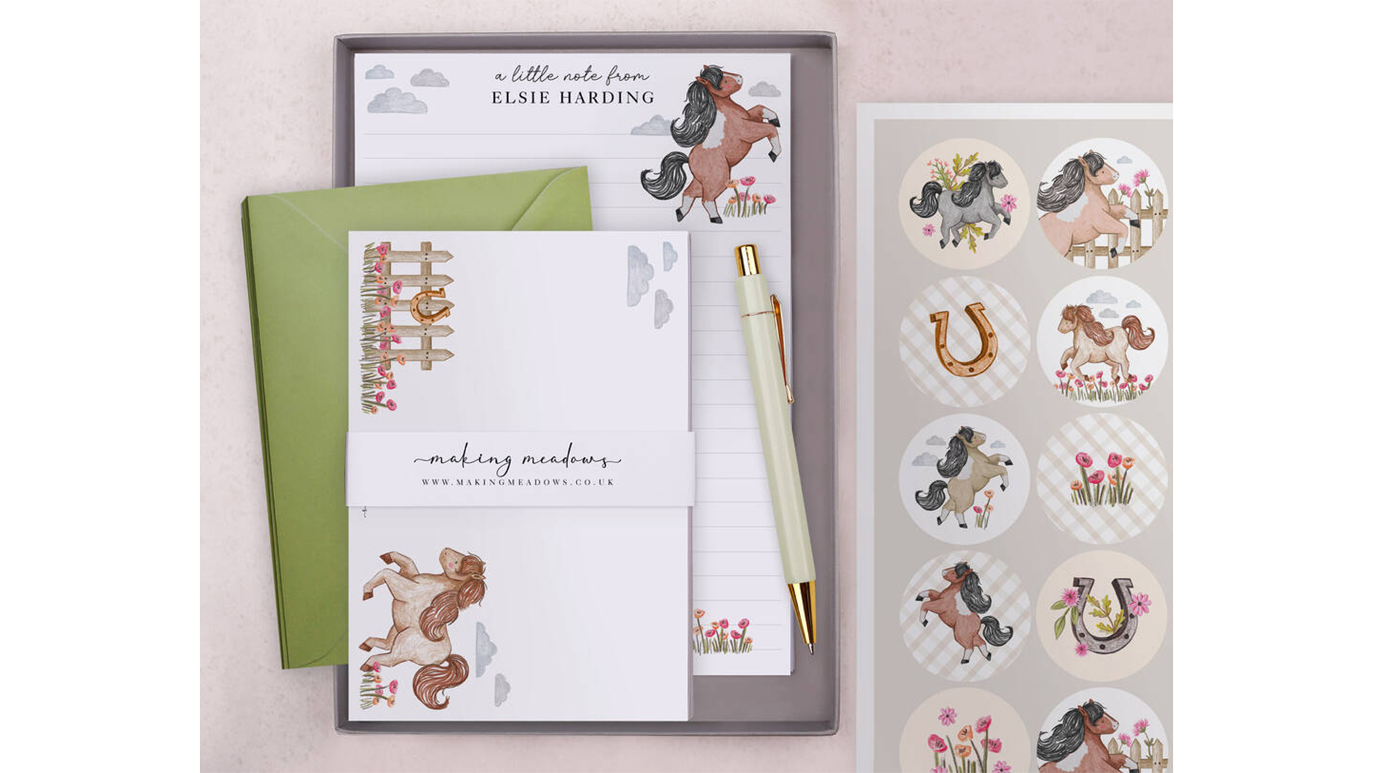 Stationery gift set and stickers on the table with horse design
