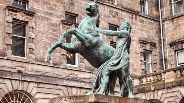 Statue of Alexander the Great and his horse Bucephalus at City Chambers, Royal Mile, Edinburgh, Scotland, UK