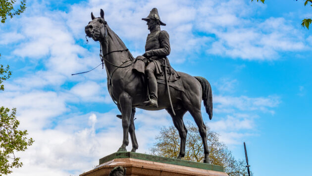 Statue of Duke of Wellington riding his war horse Copenhagen at Hyde Park Corner