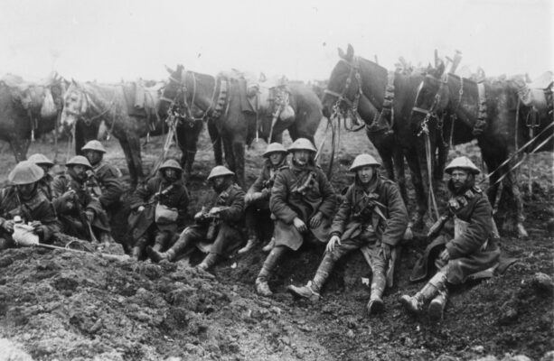 Cavalry riders and their war horses resting on the way to the battlefield in 1916