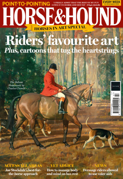 Painting of a red-coated huntsman mounted and a hound on the cover of Horse & Hound, in shops 20 Novmeber